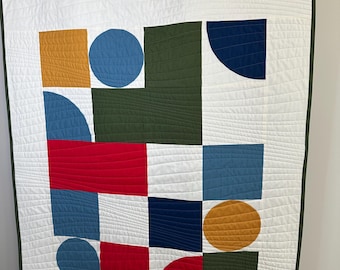 Handmade Bauhaus Inspired Modern Art Quilt for Baby or Mid-Century Wall Hanging or Small Throw