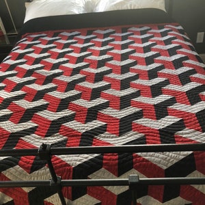 Modern 3D Geometric Red, Black & Grey Bed Quilt