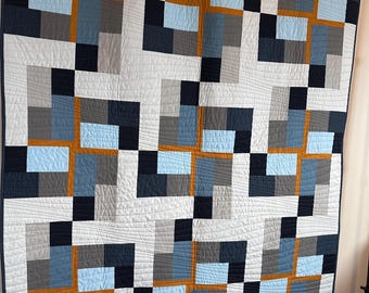 Modern Geometric  Contemporary Blue and Grey Throw / Lap Quilt / Bed Quilt