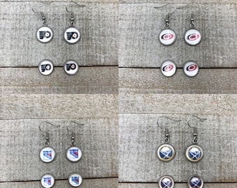 NHL Hockey Earrings, 10mm Studs, Red Wings, Devils, Islanders, Bruins, Panthers, Caps, Predators, Hurricanes, Kraken, Canucks, Jets, Leafs