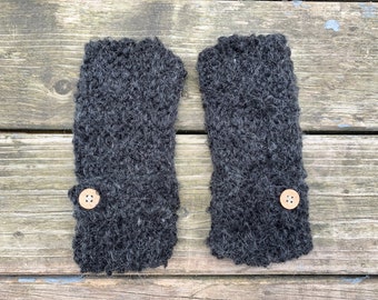 Women's Knitted Fingerless Gloves - Handknit Dark Grey Arm Warmers, Cozy Knits, Fall/Winter Accessories, Gift for Her, Autumn Textured Knits