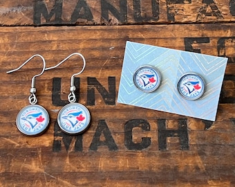 Blue Jays Earrings, 10mm Studs, 12mm, 14mm Dangly Jays Earrings, Baseball Earrings, Studs, Jays Fans Jewelry, Accessories, Small Studs