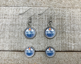 Oilers Earrings, 10mm Studs, 12mm, 14mm Dangly Oilers Earrings, Hockey Earrings, Oilers Studs, Oilers Fans Jewelry, Accessories