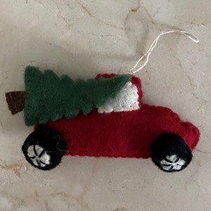 Felted Wool "Red Pick up Truck with Tree" ornament-truck with christmas tree-felted-handmade-holiday ornament-felt ornaments-handcrafted