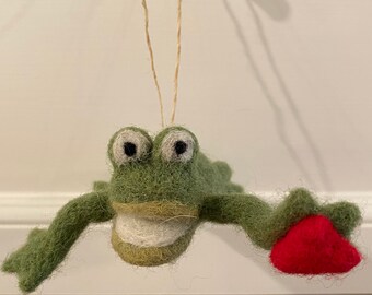 Felted Wool Freddie Frog w Heart Ornament-felted ornament-felted frog-felted valentines-frog ornament-valentines day-wool felted-frog heart