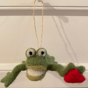 Felted Wool Freddie Frog w Heart Ornament-felted ornament-felted frog-felted valentines-frog ornament-valentines day-wool felted-frog heart