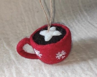 Felted Wool "Hot Chocolate with Marshmallows" ornament-felt hot chocolate-handmade ornaments-hot chocolate w marshmallows-hot cocoa ornament