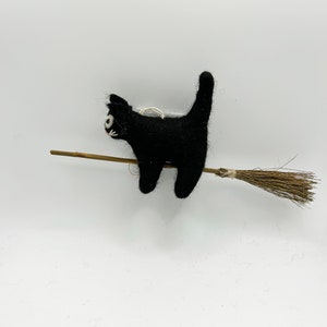 Handmade Felted Wool Black Cat "Luna on a Broomstick" ornament-felt cat-broomstick cat-Halloween cat-black cat ornament-handmade-fair trade