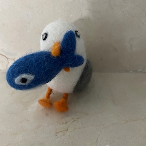 Felted Wool "Seagull Jeremy" w blue fish ornament-felt seagull-felted seagull-seagull ornament-maine seagull-handmade-needle felted-ornament