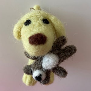 Felted Wool Yellow Lab "Kiwi" with teddy bear toy ornament-felted-felt ornament-lab ornament-yellow lab-handmade-wool felted-yellow labs