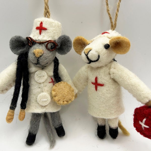 Handmade Felted Wool "Dr. Mouse Gazpacho” & "Nurse Mouse Linguini" ornaments-felt mice ornaments-fair trade-handmade-felt ornament-mouse