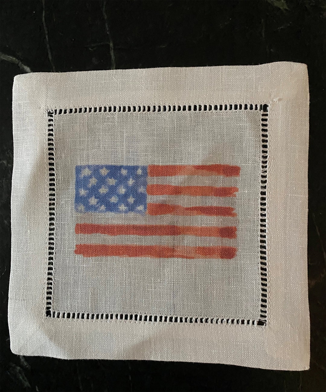 S/4 American Flag Linen Hemstitch Cocktail Napkinscocktail Napkins