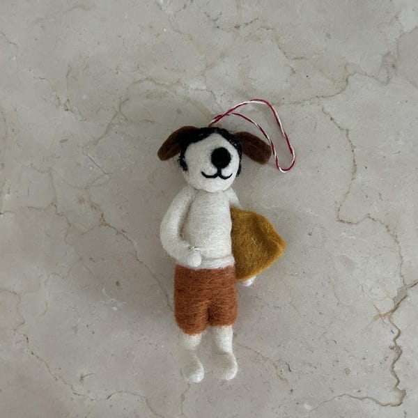 Handmade Felt "Surfer Dog Tod" ornament-handmade ornaments-fair trade-made with love-surfing ornament-beach ornament-made with love-felted