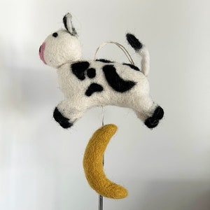 Felted Wool "Cow Jumping Over The Moon" ornament-felt cow jumping over moon-cow ornament-baby ornament-nursery ornament-handmade-felted