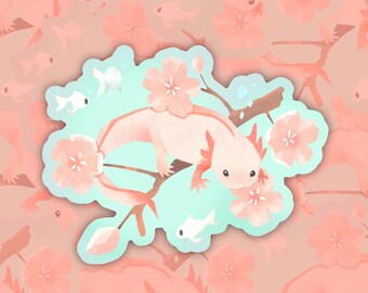 Könnte beinhalten: Ein rosa Axolotl mit weißen Augen sitzt auf einem Ast mit rosa Kirschblüten. Das Axolotl ist von einem hellblauen Hintergrund umgeben, auf dem weiße Fische herumschwimmen.