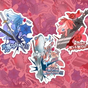 May include: Three die-cut stickers featuring frogs with swords. One blue frog with a katana and text "Stylish!!!", one orange and white frog with a broadsword and "Stylish Showtime!!!", and one pink frog with a dark blade and "Smokin' Sick Style!!!".