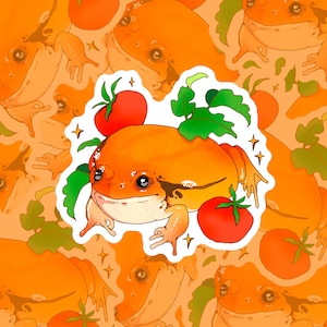 May include: A sticker featuring a cartoon orange frog with large eyes, surrounded by green leaves and red tomatoes. The frog is sitting on a white background with a sparkly border.