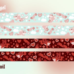 May include: Four repeating patterns featuring a pink frog with wings and a halo, and a red frog with wings and a tail. The top two patterns are on a light blue background with white clouds, pink hearts, and white crosses. The bottom two patterns are on a dark red background with red hearts, red crosses, and red flames.