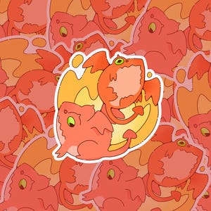 May include: A sticker featuring a cartoon dragon in shades of orange and red, with a yellow and orange flame design. The dragon has green eyes and a small tail. The background is a repeating pattern of similar dragon illustrations.