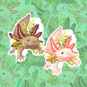 Könnte beinhalten: Zwei Axolotl-Aufkleber mit Blattdetails. Ein Axolotl ist braun mit roten Kiemen und der andere ist rosa mit roten Kiemen.