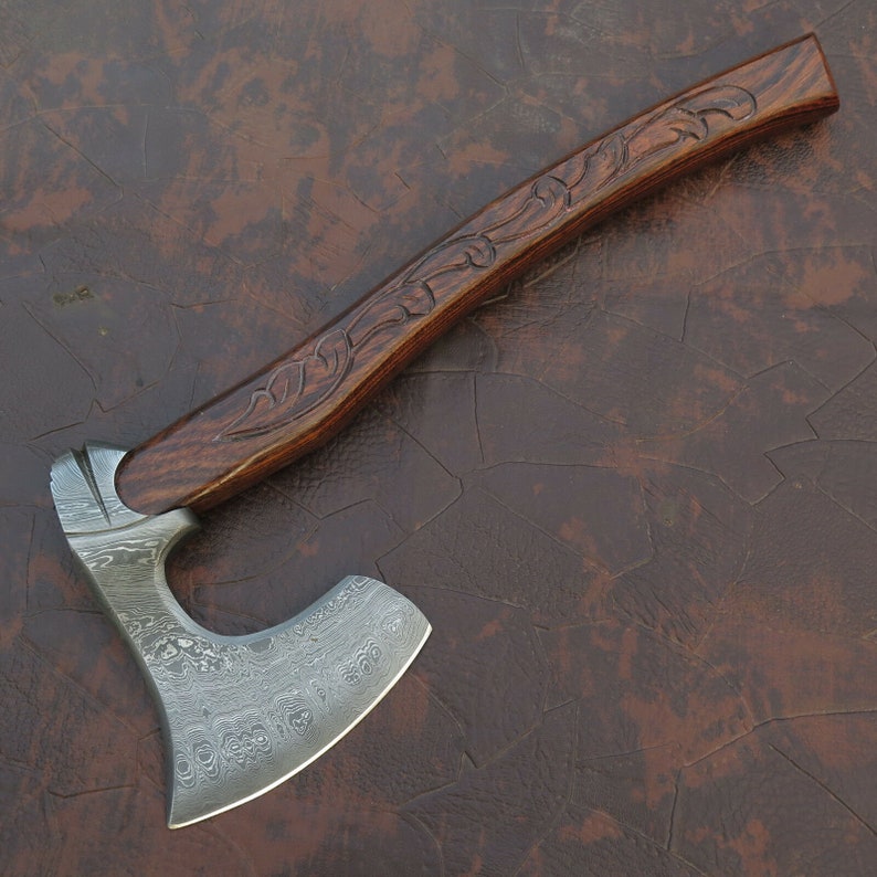BEAUTIFUL Custom Handmade Damascus Steel Tomahawk Viking Axe Roose Wood Handle