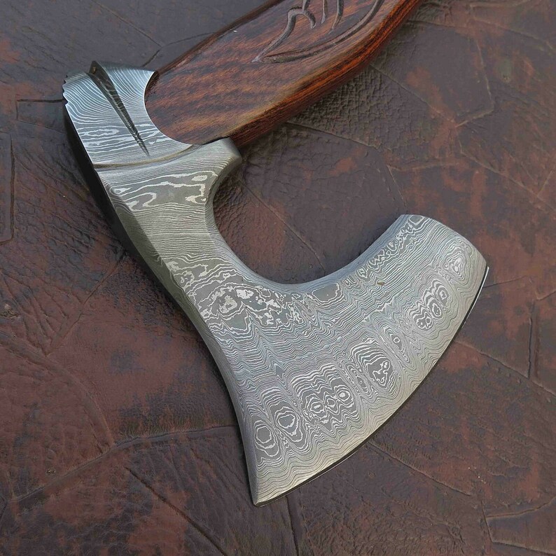 BEAUTIFUL Custom Handmade Damascus Steel Tomahawk Viking Axe Roose Wood Handle