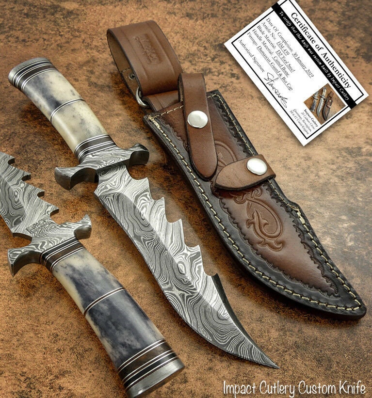 Details about   RARE CUSTOM MADE DAMASCUS STEEL HUNTING BOWIE KNIFE BONE HANDLE 