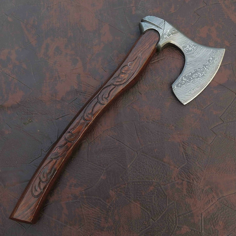BEAUTIFUL Custom Handmade Damascus Steel Tomahawk Viking Axe Roose Wood Handle