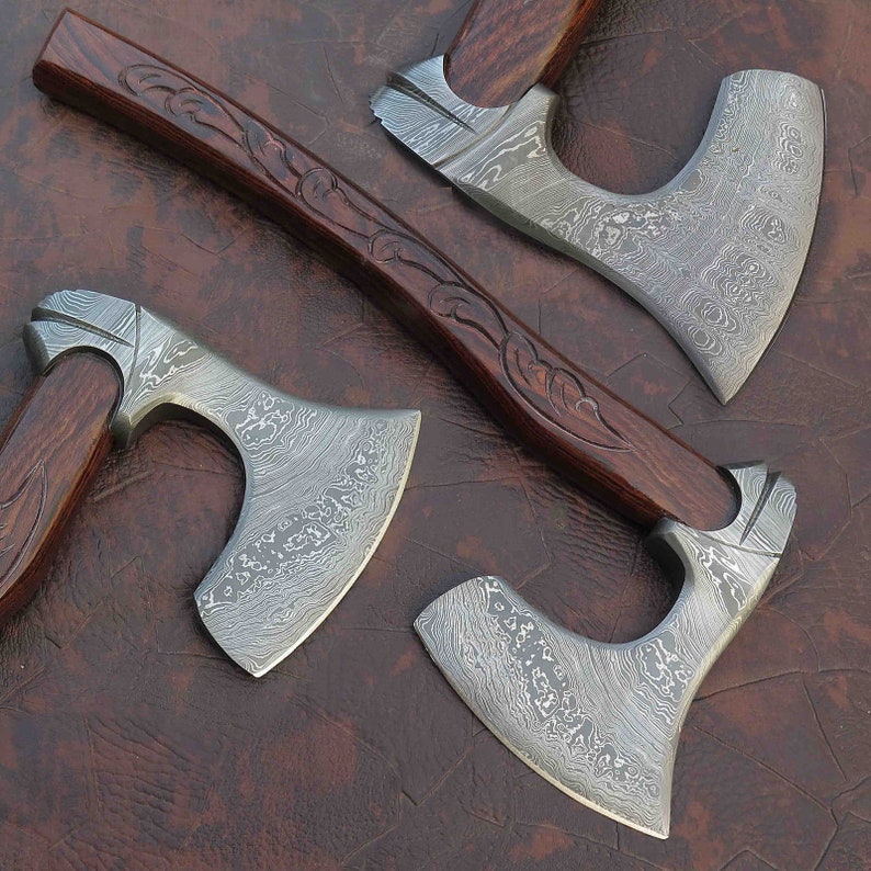 BEAUTIFUL Custom Handmade Damascus Steel Tomahawk Viking Axe Roose Wood Handle