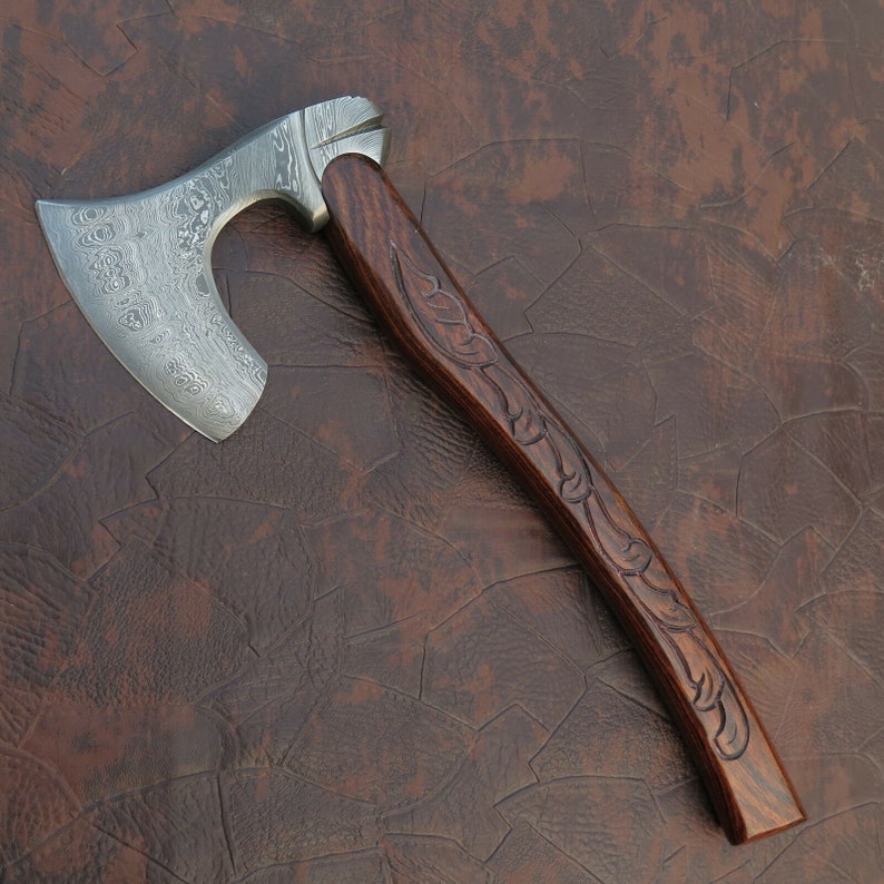 BEAUTIFUL Custom Handmade Damascus Steel Tomahawk Viking Axe Roose Wood Handle