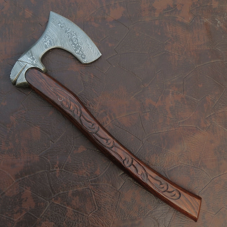 BEAUTIFUL Custom Handmade Damascus Steel Tomahawk Viking Axe Roose Wood Handle