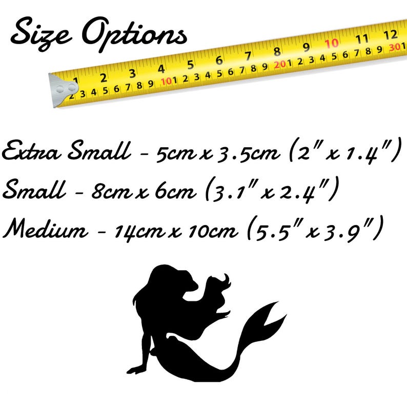 May include: A black silhouette of a mermaid with flowing hair and a tail. The image includes a ruler with measurements in inches and centimeters, showing the different sizes available: Extra Small - 2 inches by 1.4 inches, Small - 3.1 inches by 2.4 inches, and Medium - 5.5 inches by 3.9 inches.