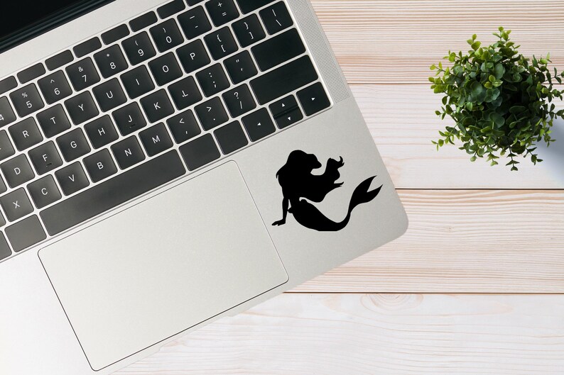 May include: A silver laptop computer with a black keyboard and a black silhouette of a mermaid on the trackpad.