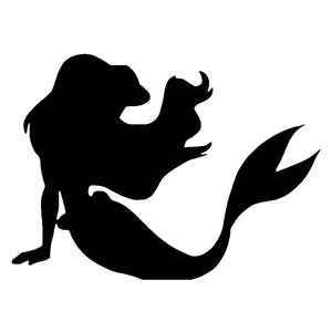 May include: A black silhouette of a mermaid with flowing hair and a long tail.