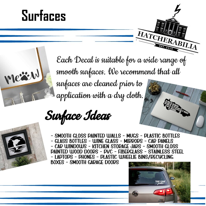 May include: A collage of images showing different surfaces that are suitable for applying decals. The text "Surfaces" is at the top of the image. The text "Each Decal is suitable for a wide range of smooth surfaces. We recommend that all surfaces are cleaned prior to application with a dry cloth." is in the middle of the image. The text "Surface Ideas" is below the text. A list of surfaces is below the text, including: smooth gloss painted walls, mugs, plastic bottles, glass bottles, wine glass, mirrors, car panels, car windows, kitchen storage jars, smooth gloss painted wood doors, PVC fiberglass, stainless steel, laptops, phones, plastic wheelie bins/recycling boxes, smooth garage doors.