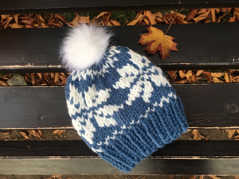 Warm Bommel Hat Snowflakes Beanie Women/'s Jeans Blue and White Hand Knitted Soft Bobble with Button Wish Size