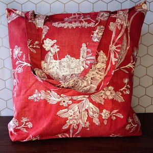 SALE Handmade tote bag red toile de jouy fabric