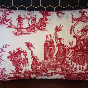Handmade Toile de Jouy or Chinoiserie Pillowcase 42x46 in red.