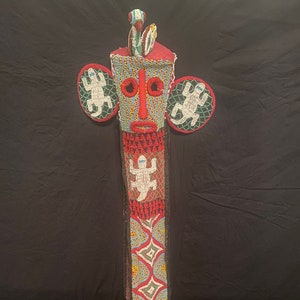 Green red Bamileke Elephant mask / Custom Stand / Museum & Gallery / Interior Decor/ Bamileke Mask / Beads / Cowry Shells / Palace Gallery