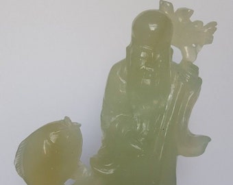 Vintage Jade/ Nephrite statue Old Man and Fish statue figurine 15 cm, 470g