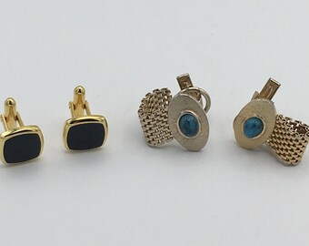 Cuff Links Gold Tone Black Stone Pair and Turquoise Stone Pair