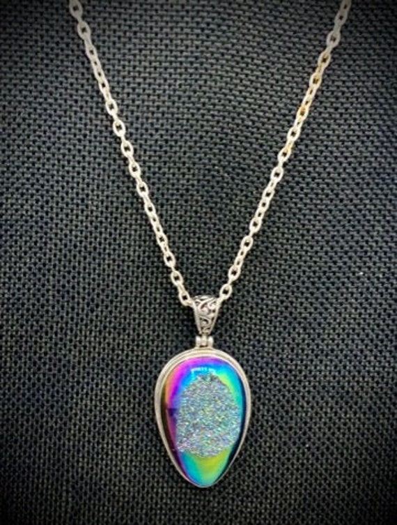 Druzy Quartz Pendant Large Beautiful Teardrop 925 - image 1