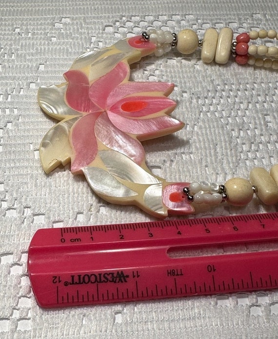 1970's Inlaid Mother of Pearl Bright Pink Tulip N… - image 8