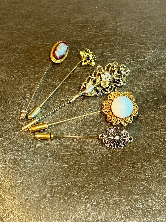 Stick Pins, Hat Pins, Five Beautiful Gold Stick Pi
