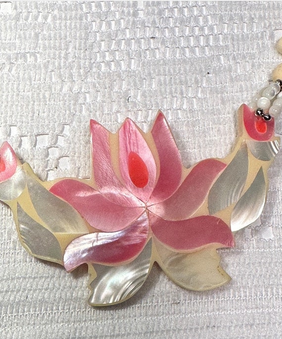 1970's Inlaid Mother of Pearl Bright Pink Tulip N… - image 4