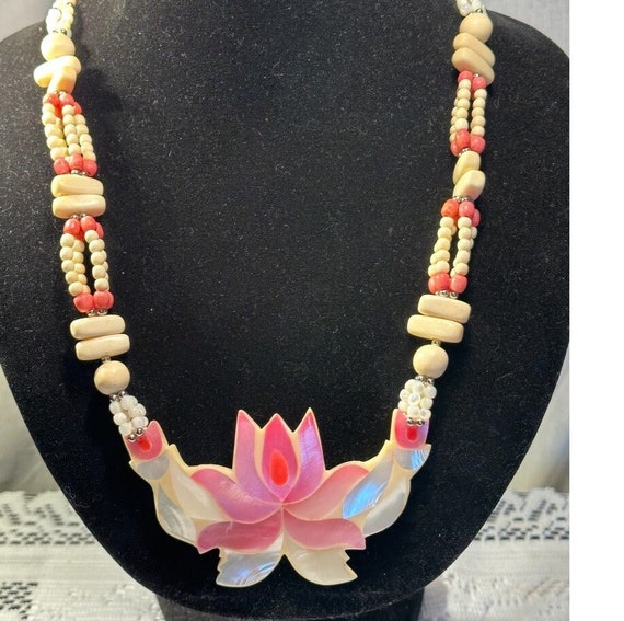 1970's Inlaid Mother of Pearl Bright Pink Tulip N… - image 1