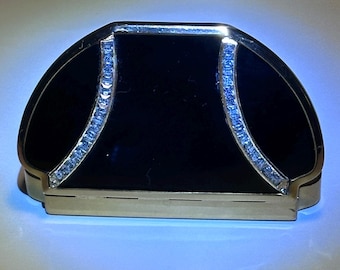 Estuche compacto negro dorado y con diamantes de imitación, forma de libro de bolsillo, esmalte negro con detalles dorados, artículo de coleccionista, estuche compacto Art Déco, estuche compacto de diseño