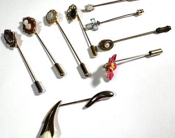 Nine Antique Gold Tone Stick Pins, Avon, Calla Lilly, Pearl, Cameo, Flower, Opal, Gemstones