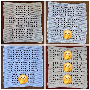 May include: Four white crocheted squares with different patterns. Each square features a smiling emoji with its hands over its mouth.