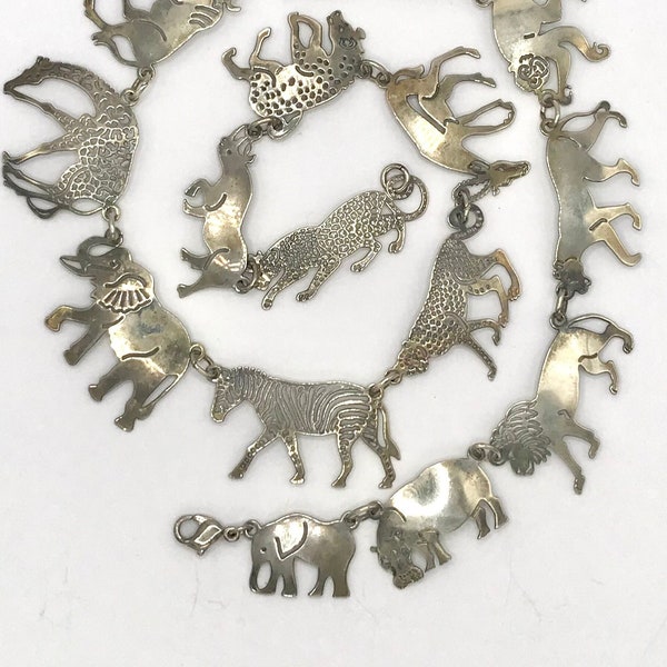 Vintage Silver Animal Shape Necklace Signed Wild Bryde Rare African Necklace Elephant Lion Zebra Leopard Safari Jewelry Statement Necklace